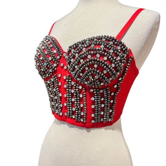 Love J NWT red beaded corset with white and dark silver embellished rhinestones - Picture 3 of 11